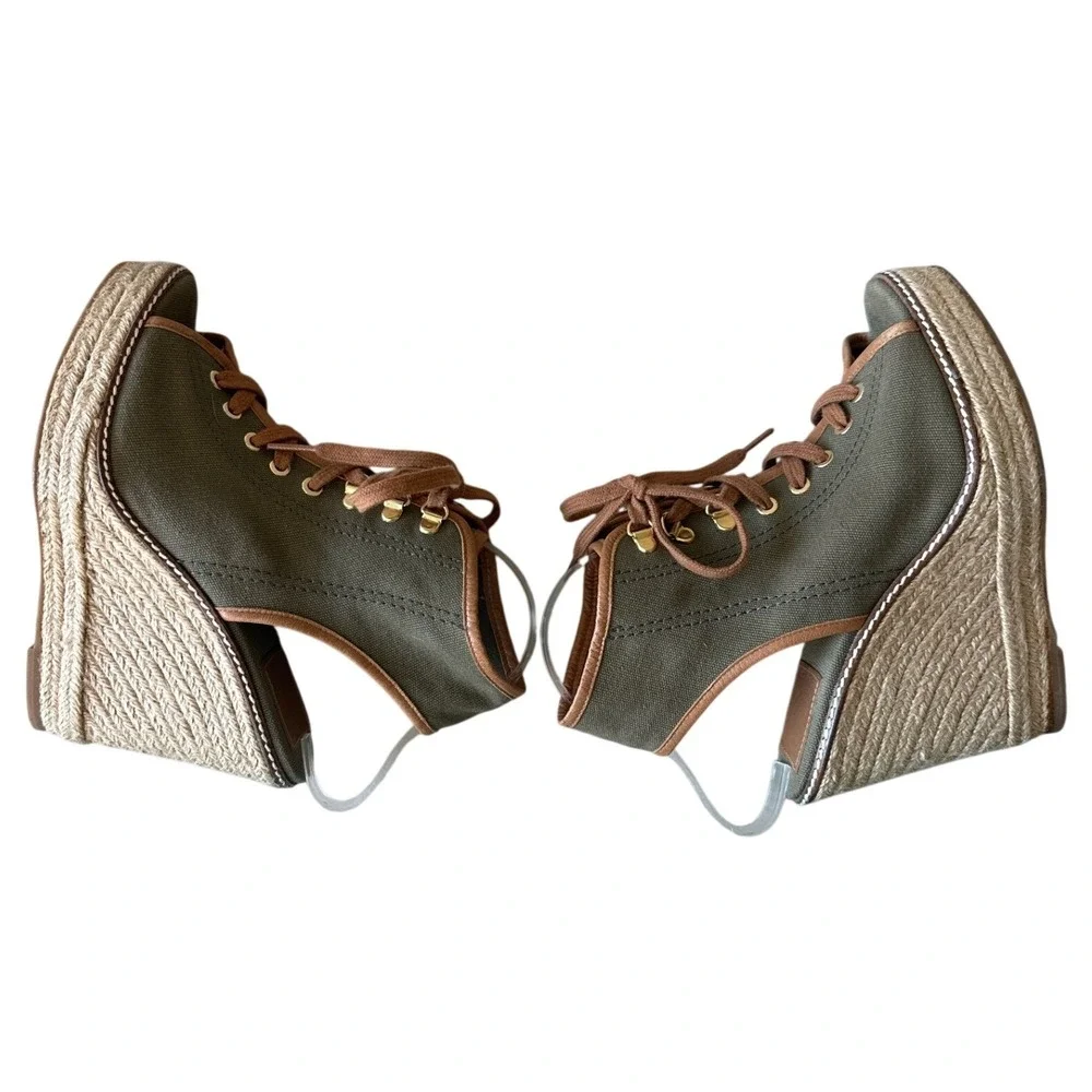 Tory Burch Blair Wedge Lace Up Espadrilles Olive Canvas Size 8